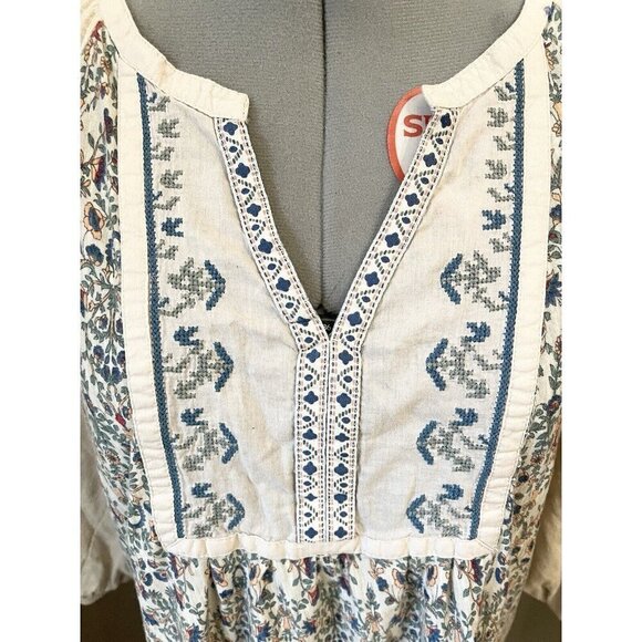 Vintage America Boho Peasant Top Sz M Tan 3/4 Sleeve Embroidered Floral - Picture 4 of 7